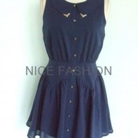 collar trim flare dress with chain buttons