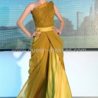 High quality laces draped Sweep-Floor length One-Shoulder Celebrity Dress