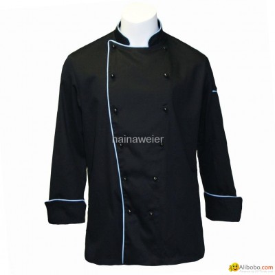 Hot-sale Traditional Black Twill w/Blue Piping/Pocket chef coat/chefs wearpicture1