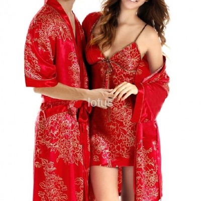 Male silk sleepwear short-sleeve robe plus size red lounge lovers sleepwearpicture1