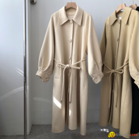 Theable long lace-up single-breasted pure handmade cashmere coat lapel beige woo