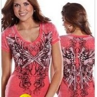 Ladies knit v-neck T-shirt with burnout wash