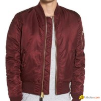 Custom 100% Polyester Solid Wine Red Color Plain Padded Bomber Jacket Men