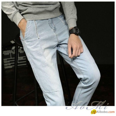Light color single pants spring and summer men's denim trousers slim harem pantspicture1