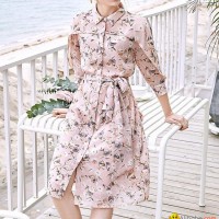 Floral print button up shirt dress with belt