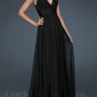 Black A Line Prom Gown Chiffon Floor Length Applique V Neck
