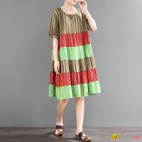 Women Casual Cotton Linen A Line Contrast Stripes Dress Splice Pullover