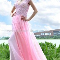 High quality A-line V-neck Cap Sleeve Beaded Chiffon Evening dress
