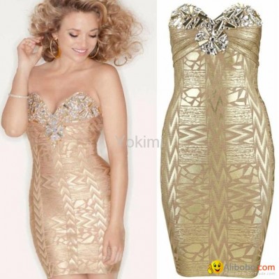 Crystal Embellished Gold Printed Bandage Dresspicture1