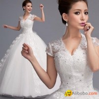 Luxury Spring shoulder v-neck short sleeve lace Princess Bride wedding dress147