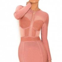 Pink Long Sleeves Fashion Bandage Dress with Mesh Details
