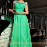 short sleeves white tulle green ruffle elegent evening dress wit
