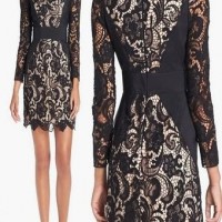 Long Sleeve Crochet Lace Panel Bodycon Pencil Dress